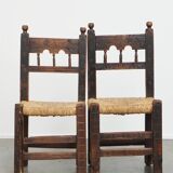 Set of 4 Antique Spanish Country Chairs with Woven Rattan Seats