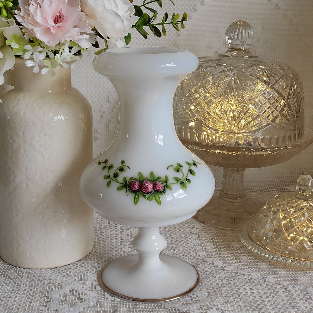 White opaline vase decorated with roses