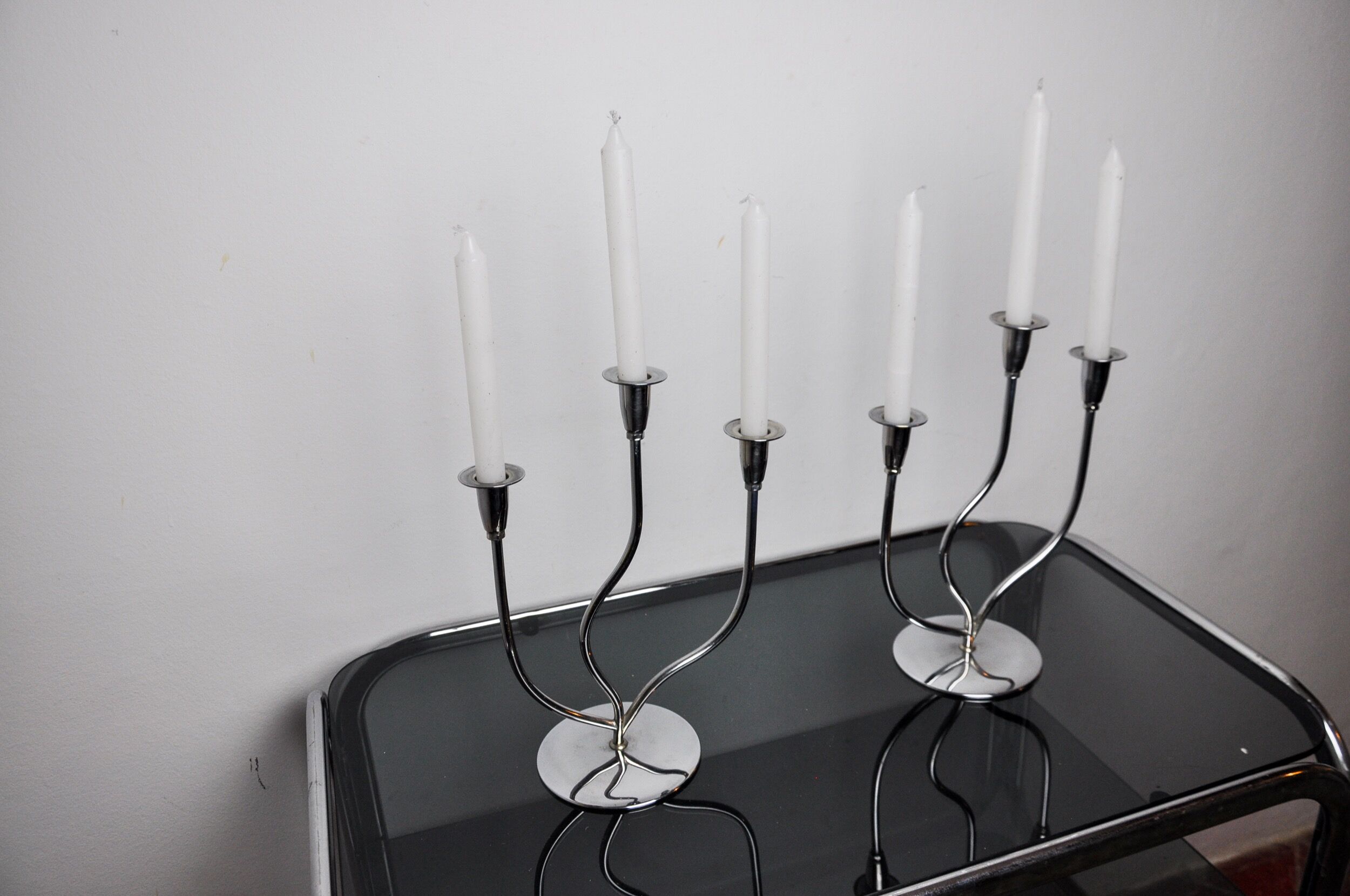 Pair of art deco candlesticks in stainless steel 3 flames, Spain, 1970