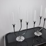 Pair of art deco candlesticks in stainless steel 3 flames, Spain, 1970