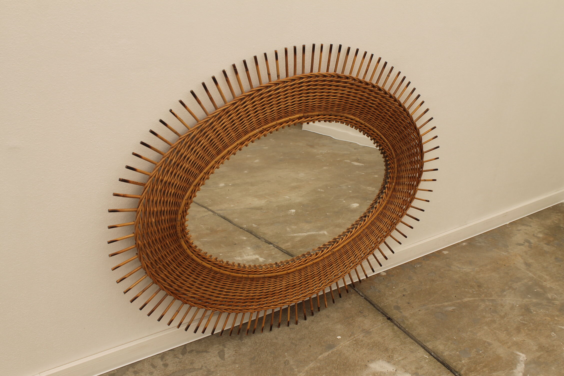 Midcentury rattan mirror by Jan Kalous for Úluv 1960s, czechoslovakia 85x55cm