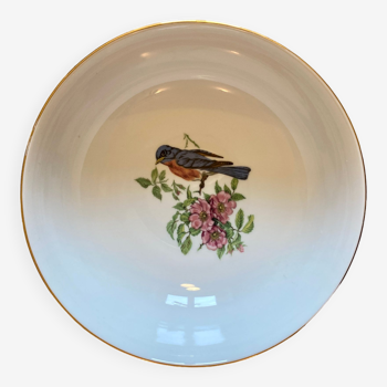 Saladier vintage en porcelaine - décor d'oiseau et de fleurs