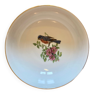 Saladier vintage en porcelaine - décor d'oiseau et de fleurs