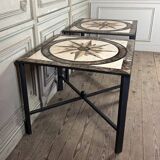Pair of marble and metal tables, marble marquetry compass rose, circa 1990