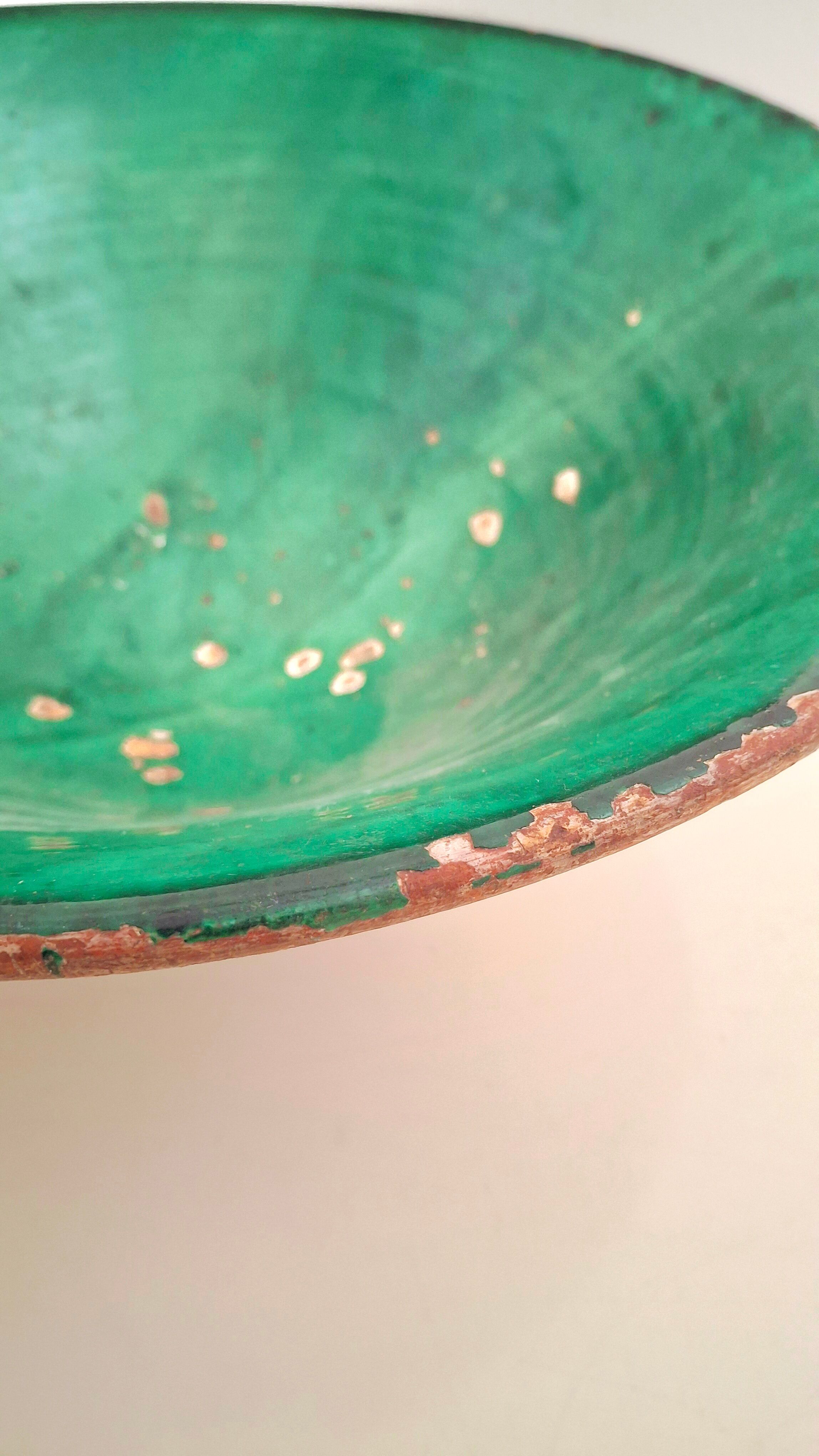 19th century Antique Hand-Glazed Terracotta Conical Bowl in Emerald Gr