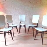 5 vintage chairs from the 60s, white leatherette, mahogany wood