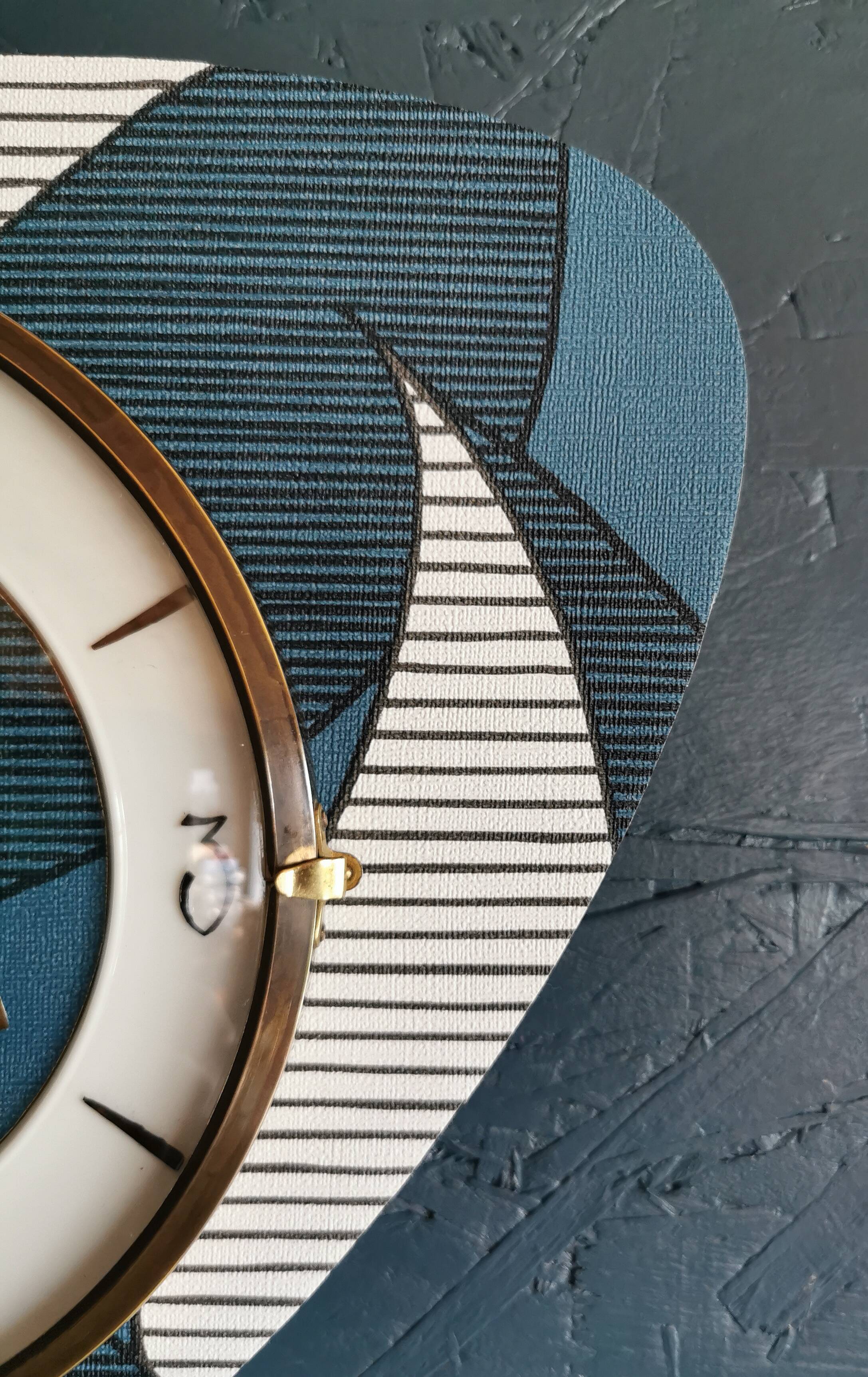 Vintage silent wall pendulum clock from the 60s asymmetrical "Striped blue white ocher"