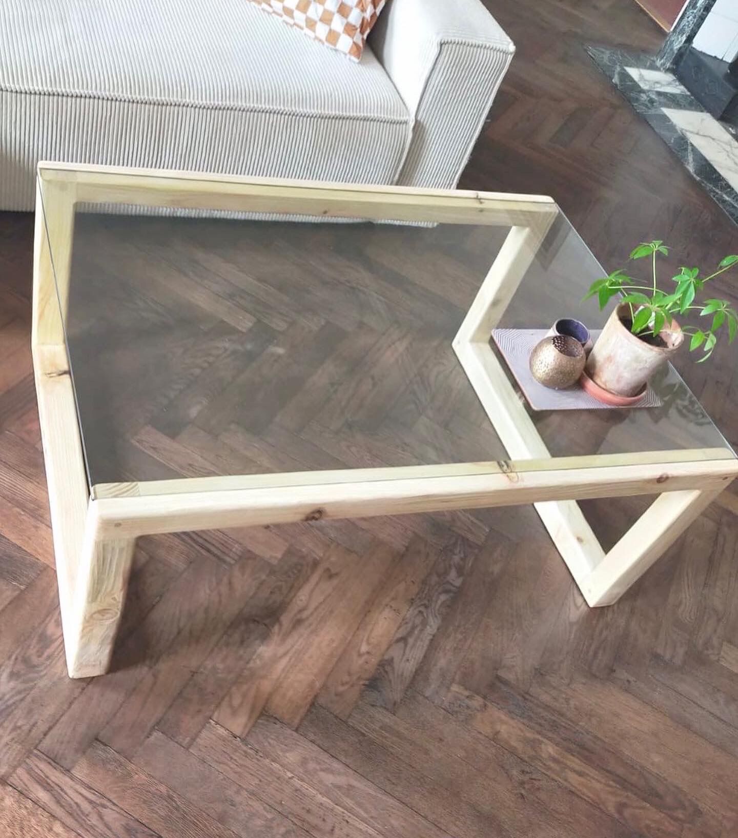 Solid wood table (pine) and glass top