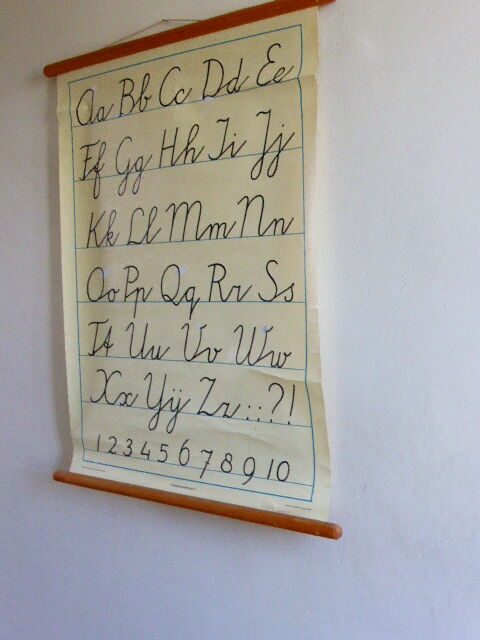 School and pedagogic poster, calligraphy, alphabet, writing method, classic letter 2, on linen, vintage 1960