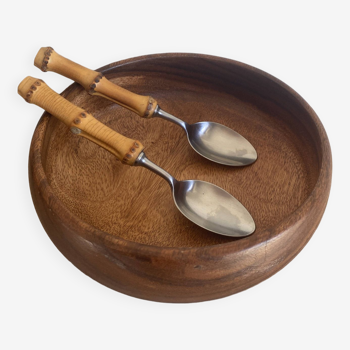 Exotic wood salad bowl, bamboo spoons