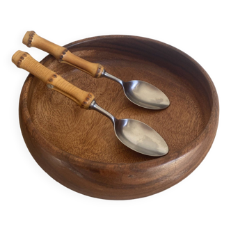 Exotic wood salad bowl, bamboo spoons