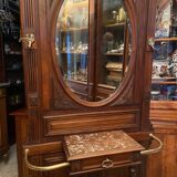 Solid walnut vestibule coat rack with oval mirror and bronze hooks