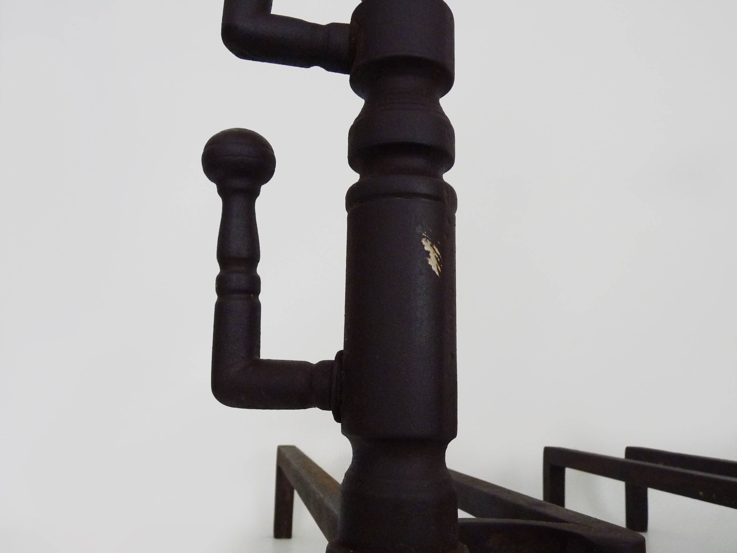 Large pair of wrought iron fireplace andirons. France, 19th century.