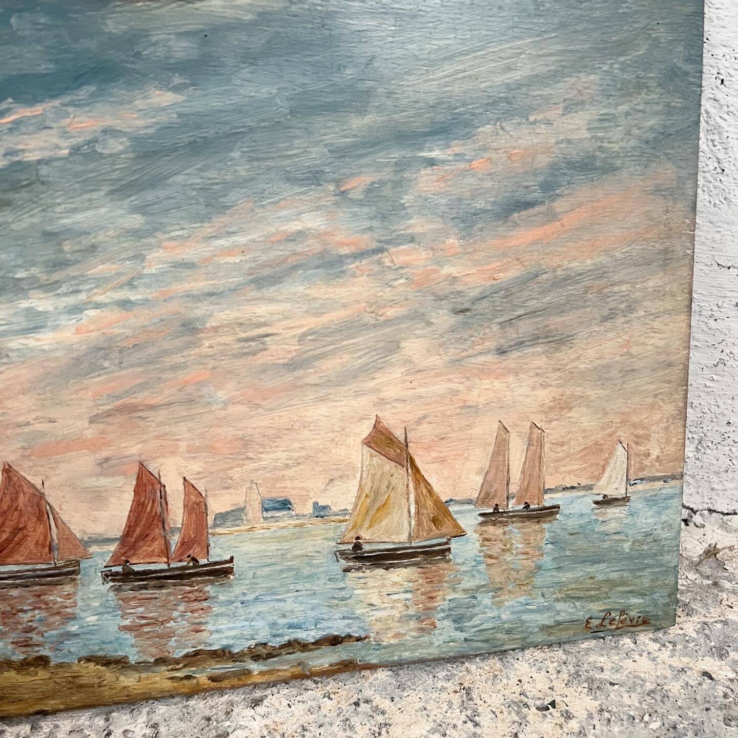 Old marine painting seaside mill Brittany