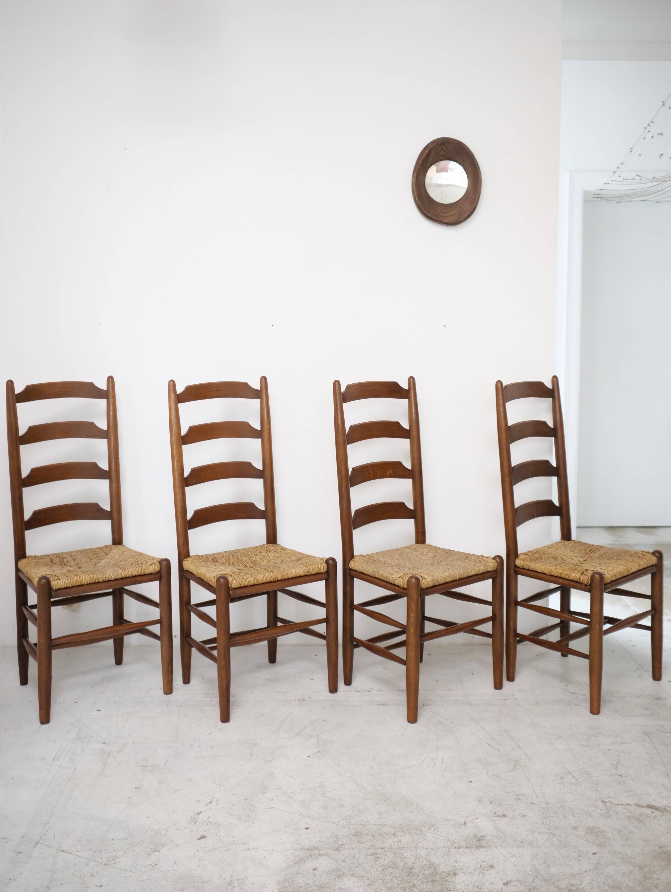Architectural high-back chairs, straw seat, set of 4.