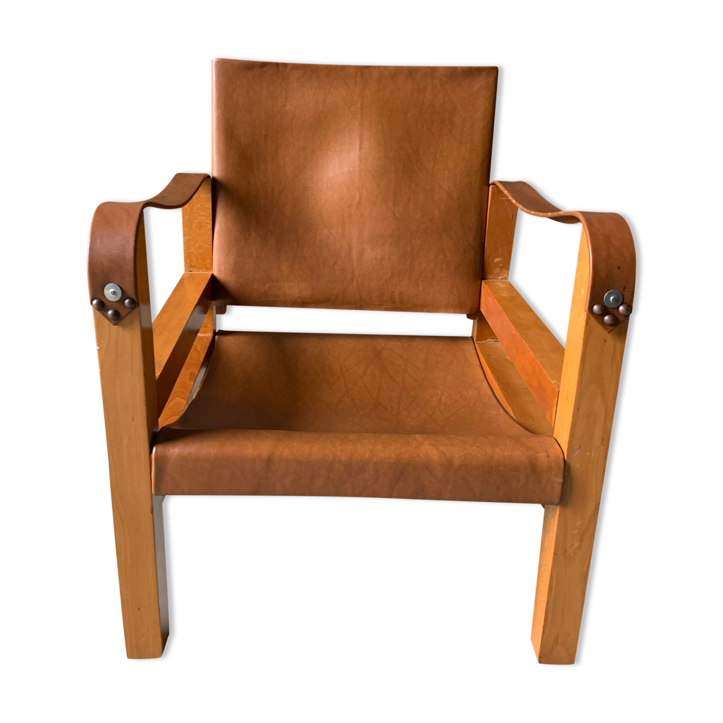 Safari armchair in wood and leather -1950's