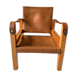 Safari armchair in wood and leather -1950's