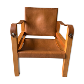 Safari armchair in wood and leather -1950's