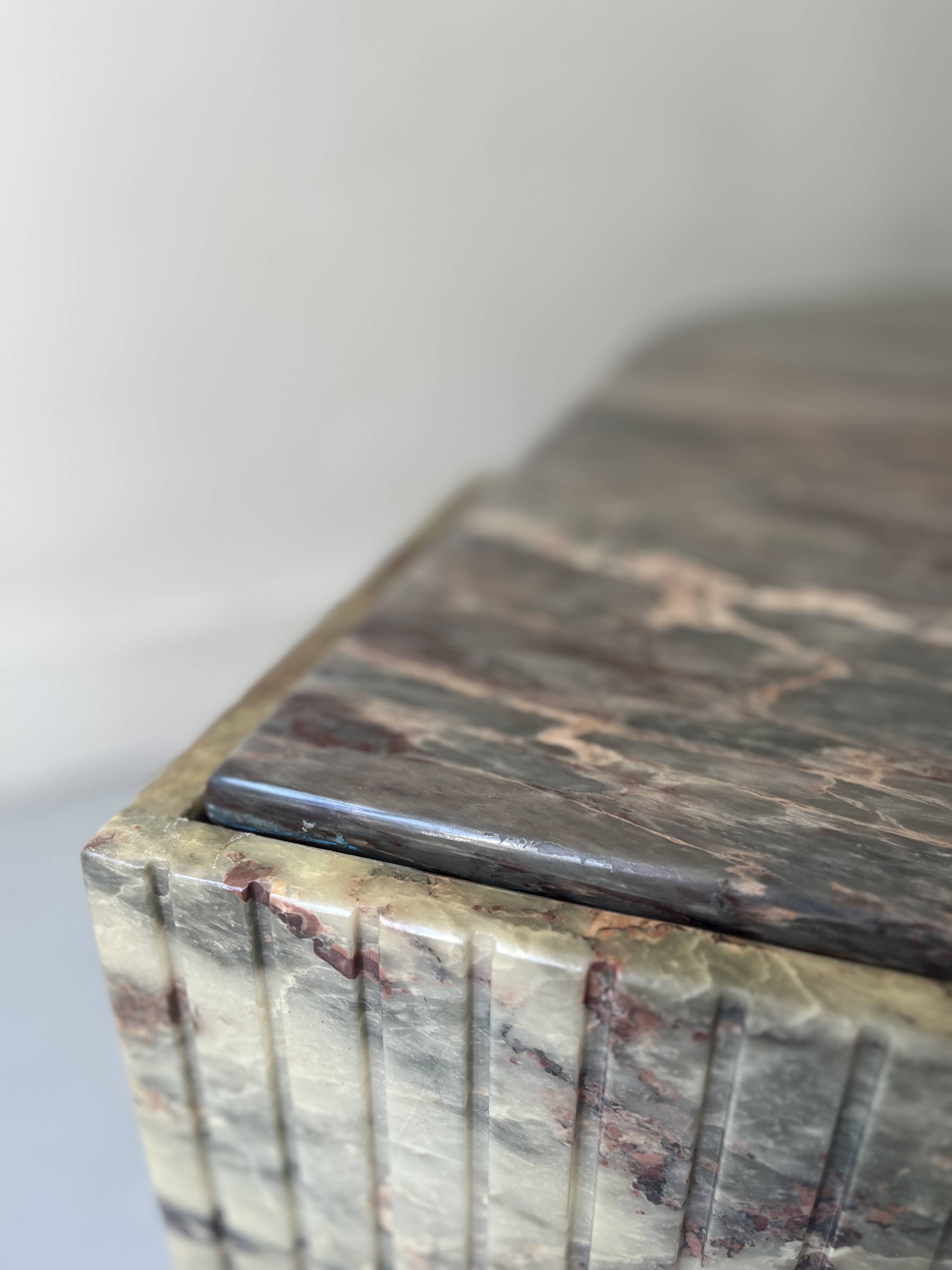 water green, beige and pink/burgundy marble drop coffee table, Roche Bobois 1970