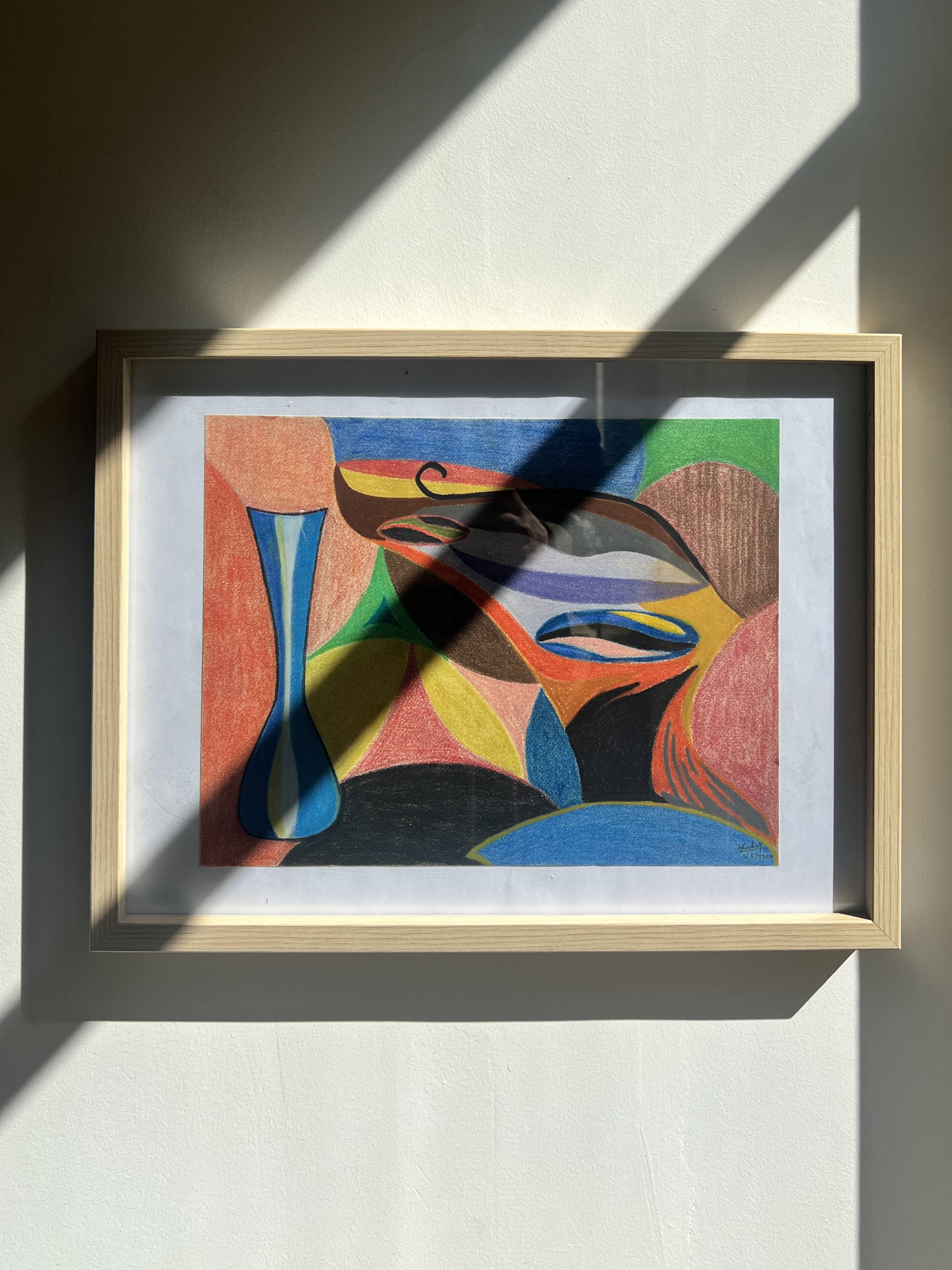 Vintage cubist still life pastel under glass and signed from 1967.