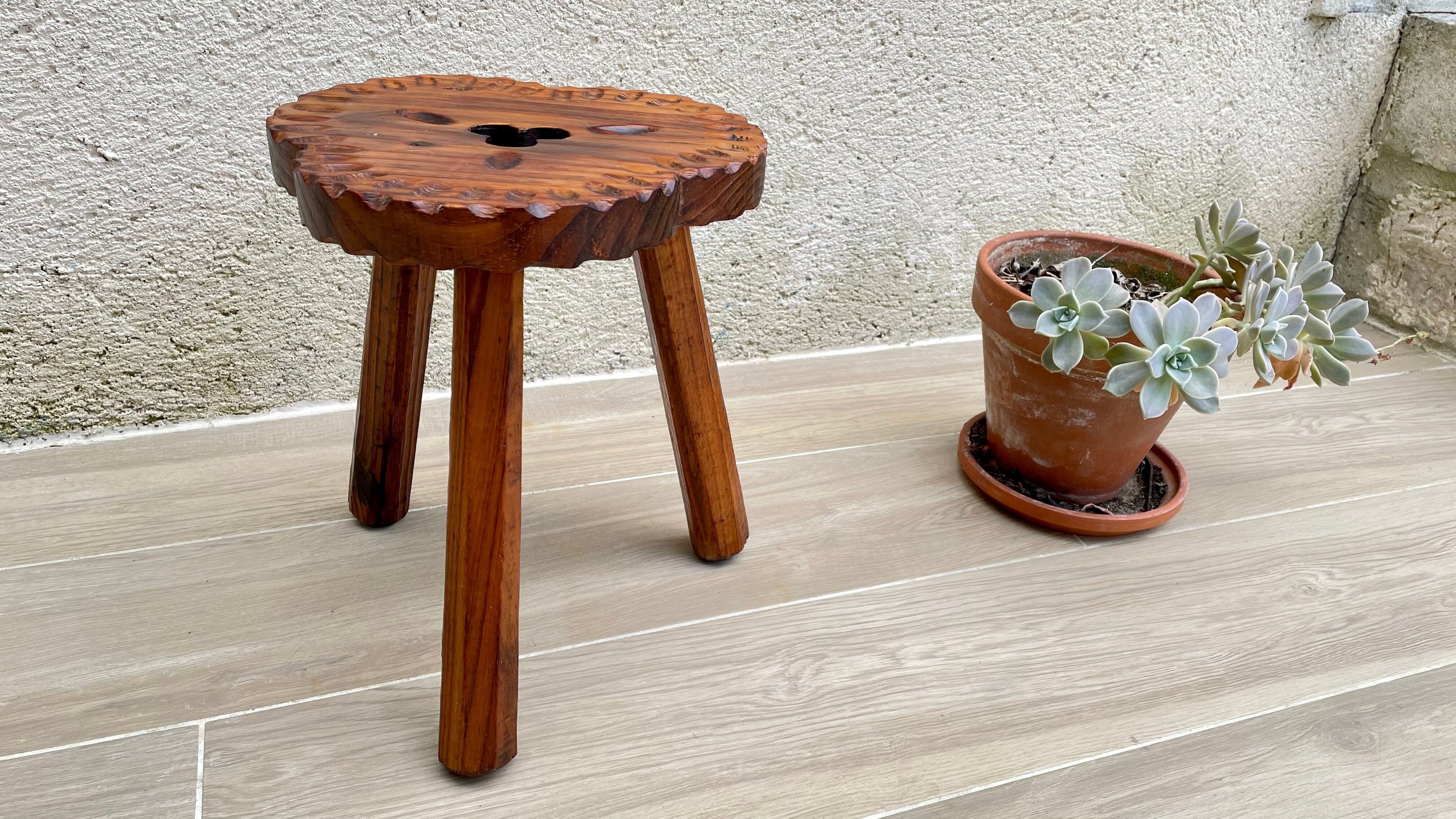 Vintage tripod wood stool made in Spain