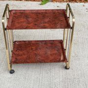 Vintage 70s folding bar table, brass with wood burl effect, Dinet style.