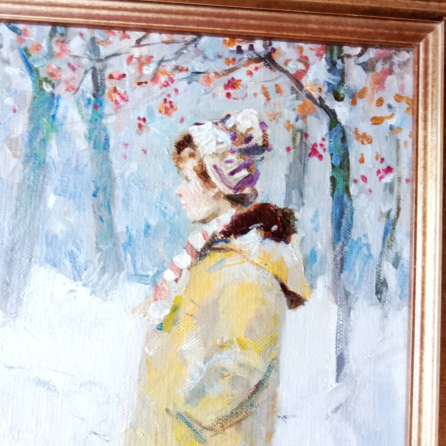 Animated Snowy Landscape Painting Children and their Dog Signed Canvas 20th Century Frame