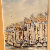 Watercolor signed Simone Duval-Wenta 1934-2015 view of Honfleur