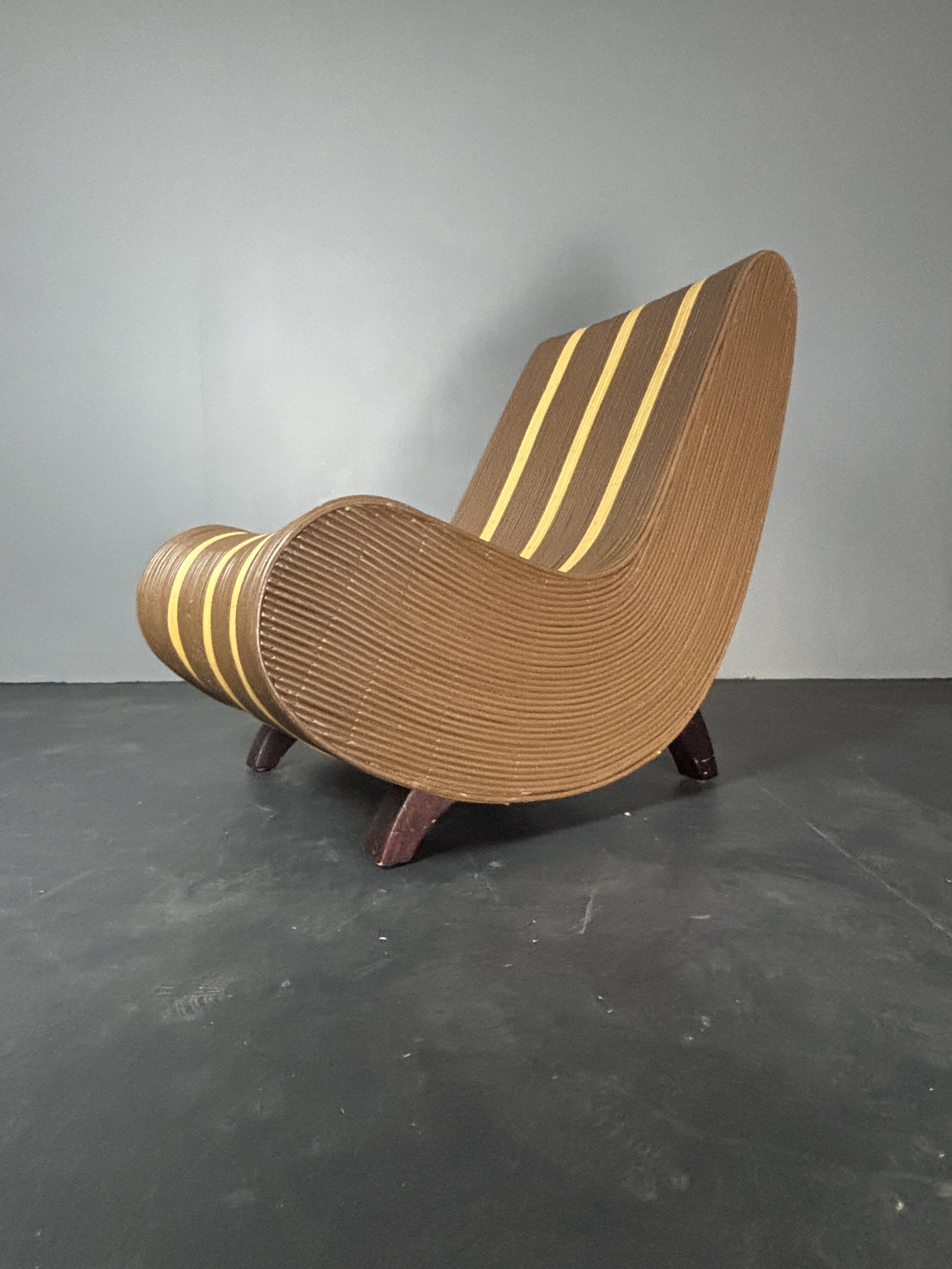 Curvy wavy pencil reed rattan bamboo low lounge chair, 1970s