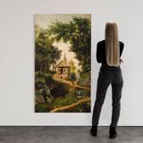 Tableau paysage de campagne huile sur toile du 19ème siècle