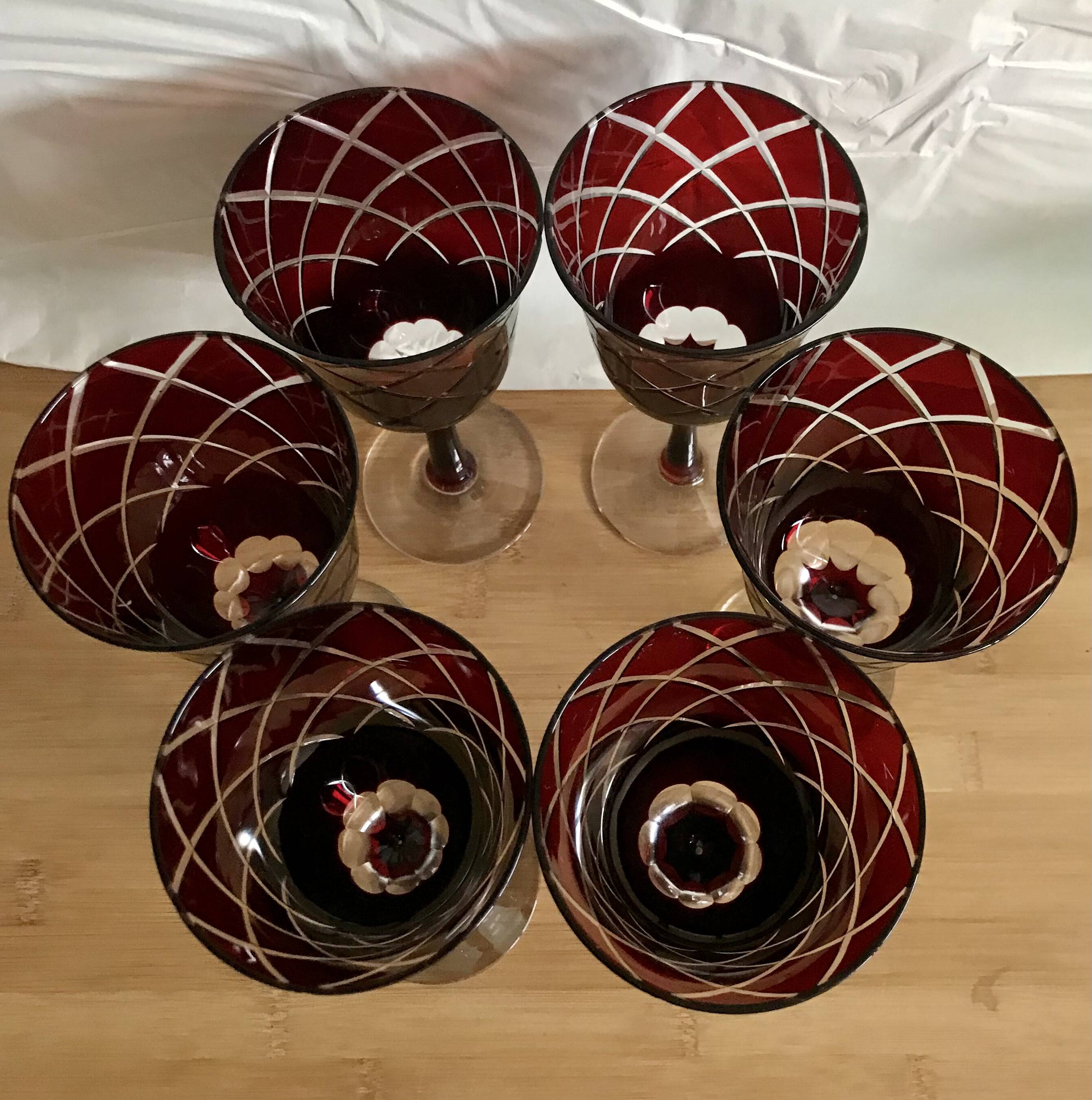 6 red italian cut glass wine glasses