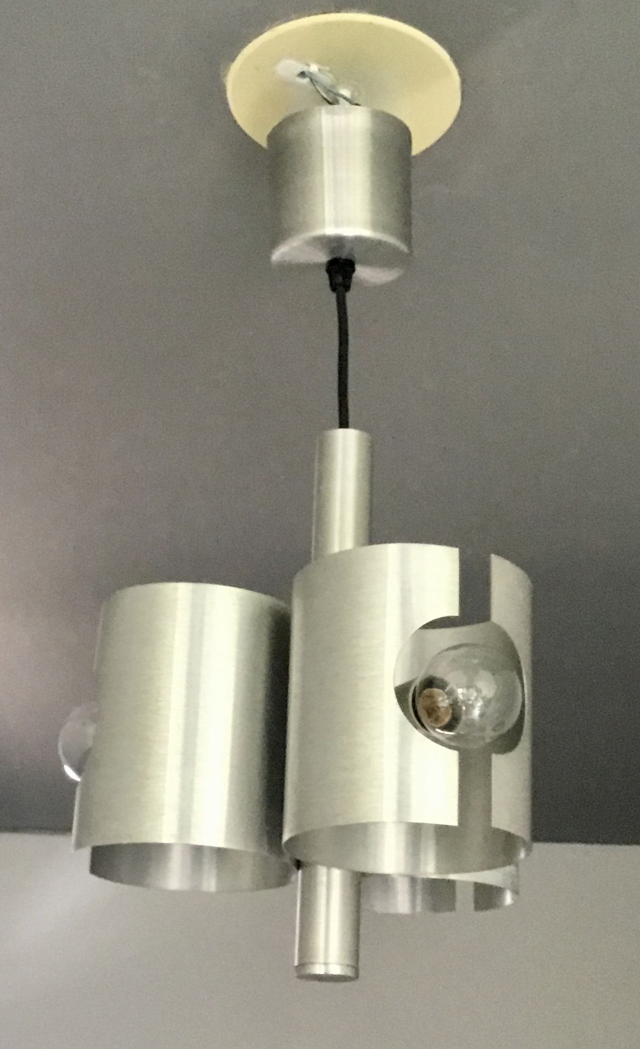 Space-age chandelier with 3 lights, brushed aluminium, 1970 design.