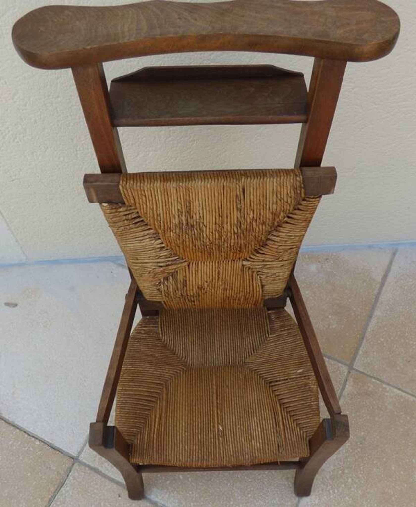 Chaise de prière vintage en bois, paille tressée double, siège relevable