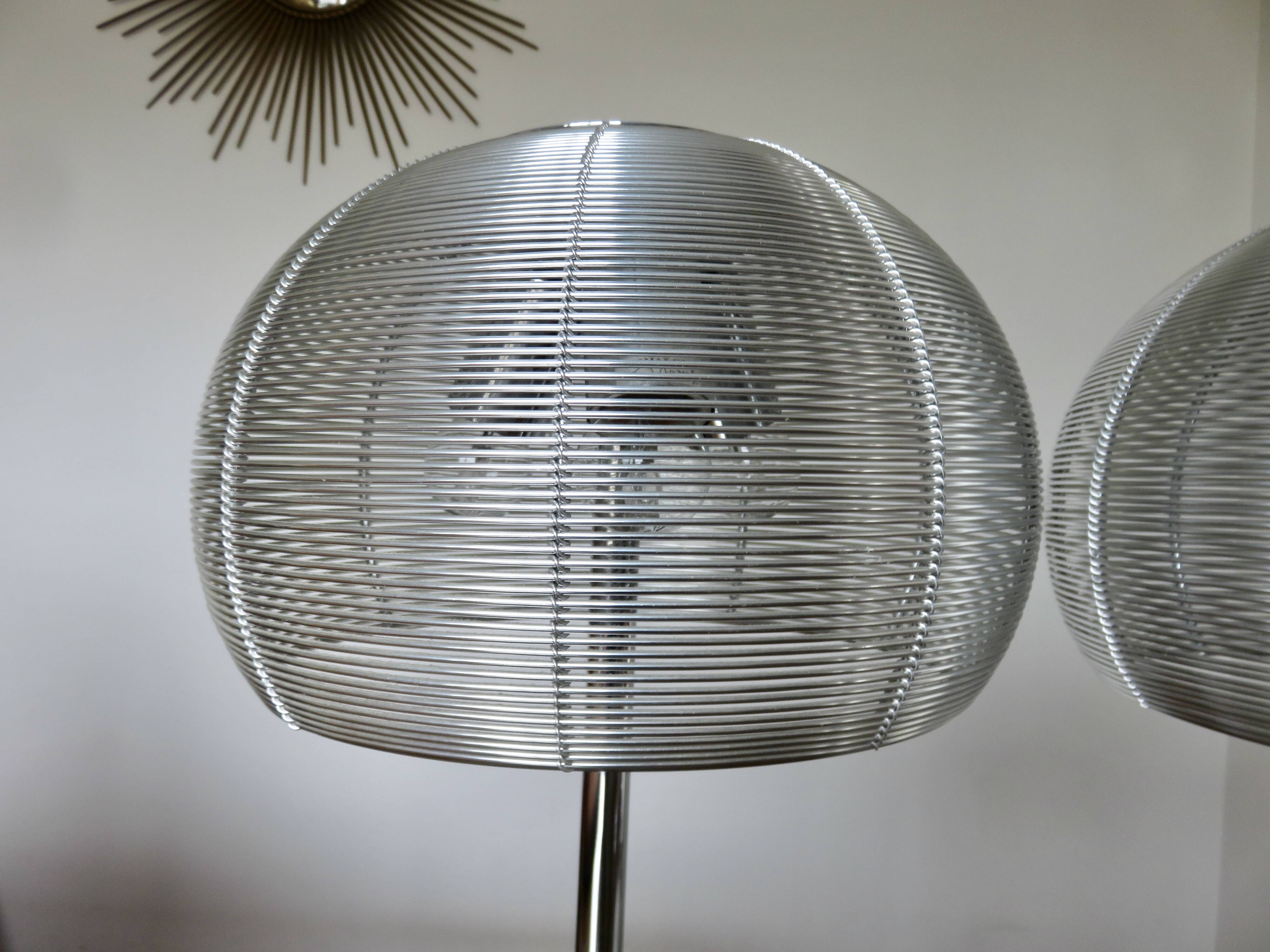 Pair of chrome-plated metal lamps with aluminum wire shades, 1990