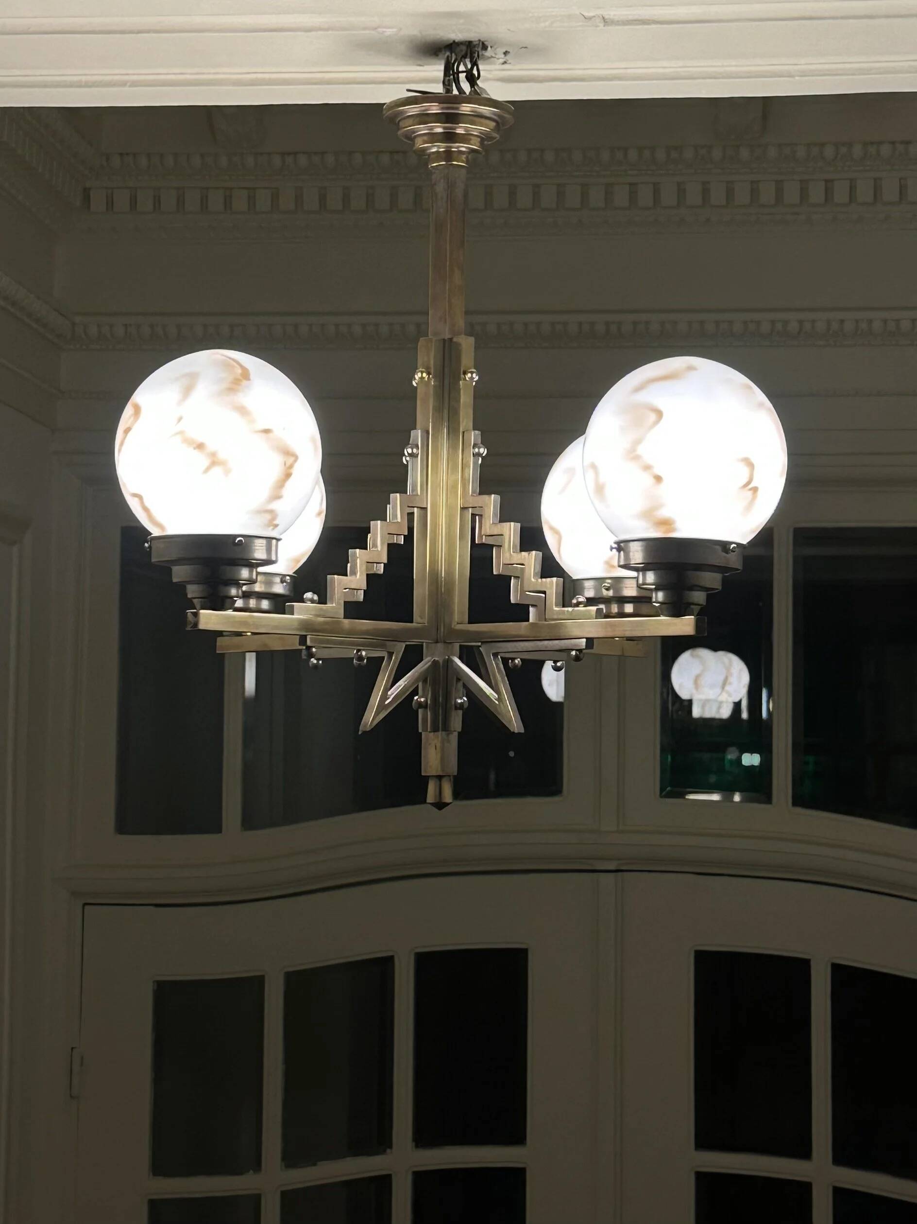 1930's brass and nickel Art Deco chandelier