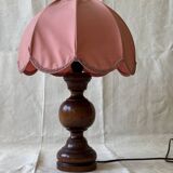 1950s wooden and pink fabric table lamp
