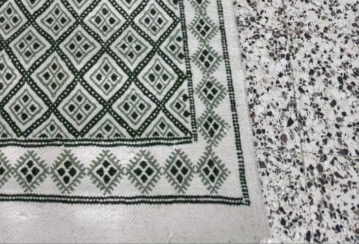 Handmade green and white margoum hallway rug in natural wool