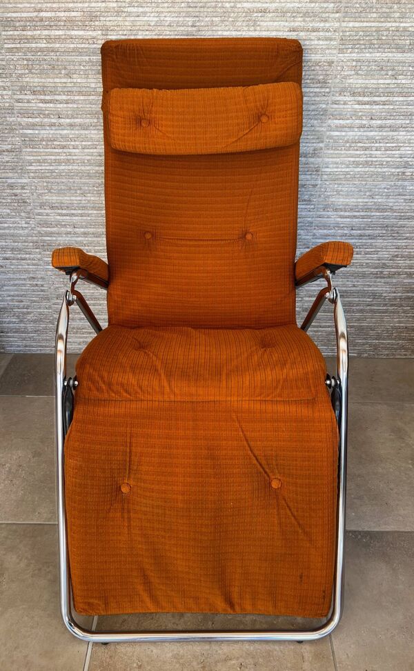 Fauteil relax Lama 1970 chaise longue velour orange