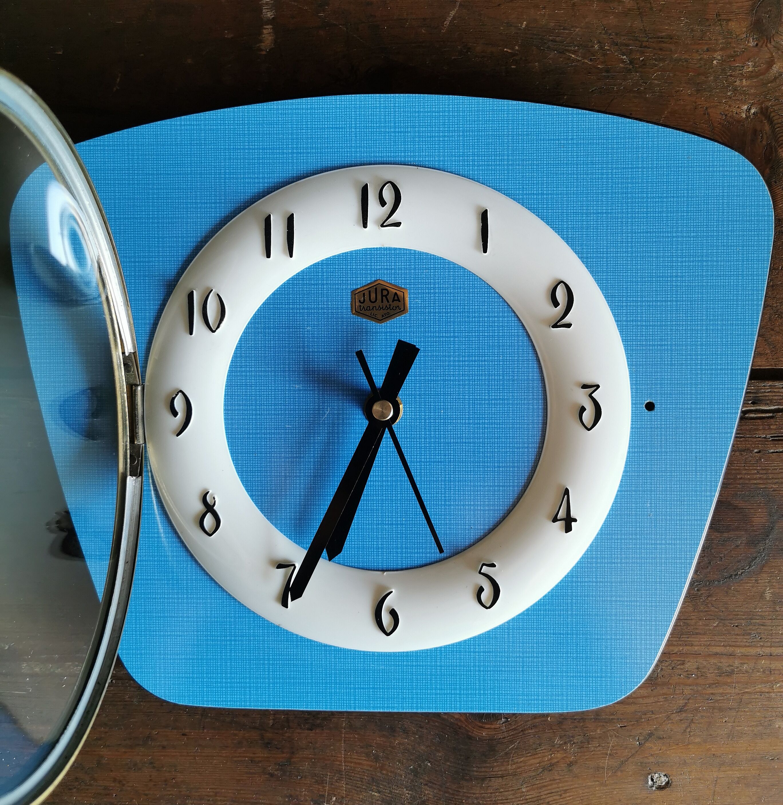 Vintage formica clock silent trapeze wall clock "Blue Jura"