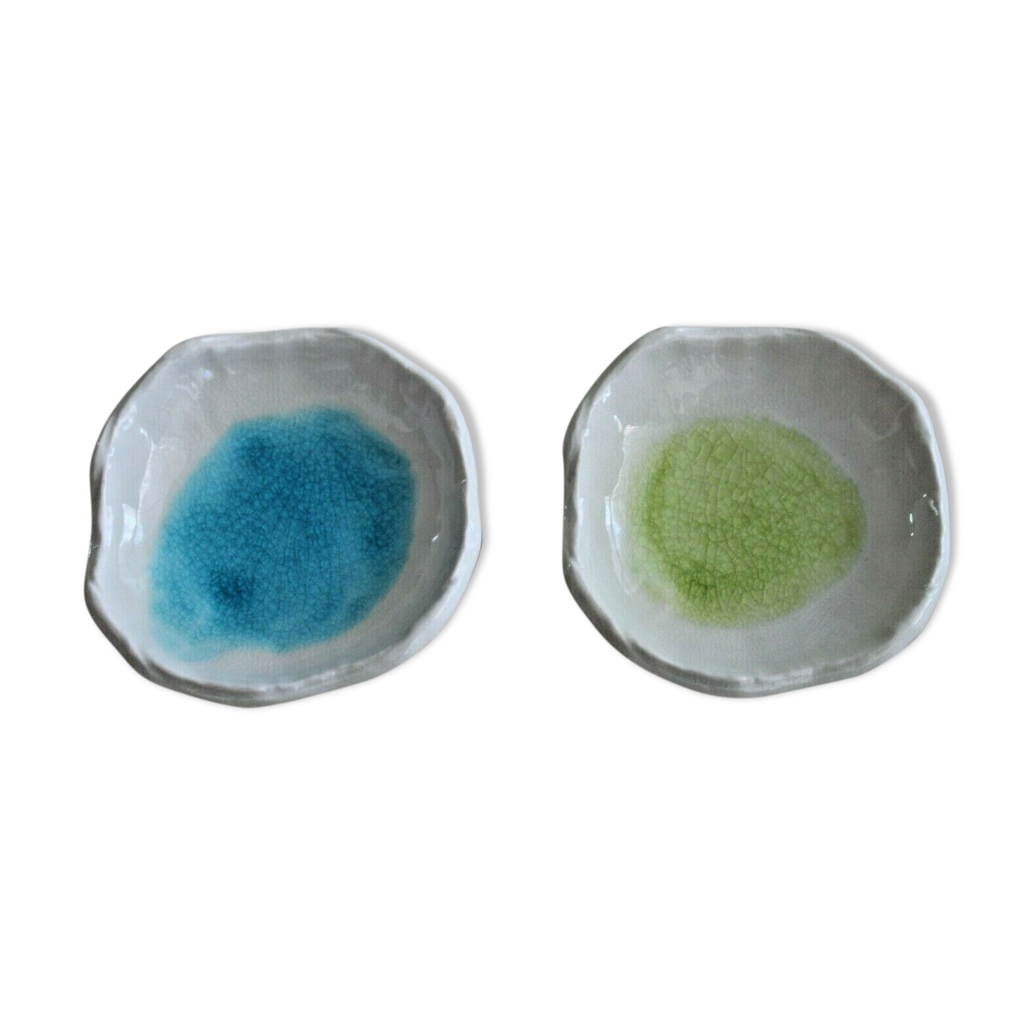 Set 2 cracked green and blue ceramic cups