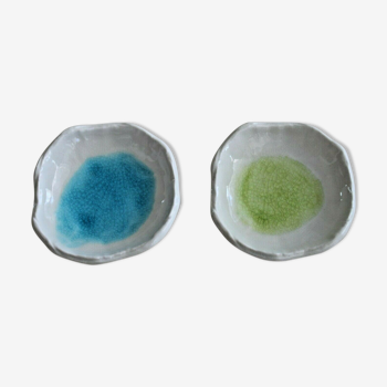 Ensemble 2 coupelles en céramique craquelée vert et bleu