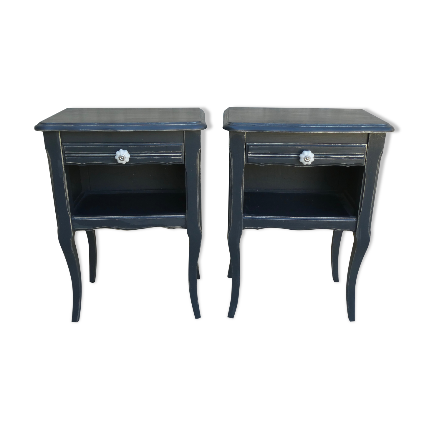 Pair of wooden bedside tables, gray patina