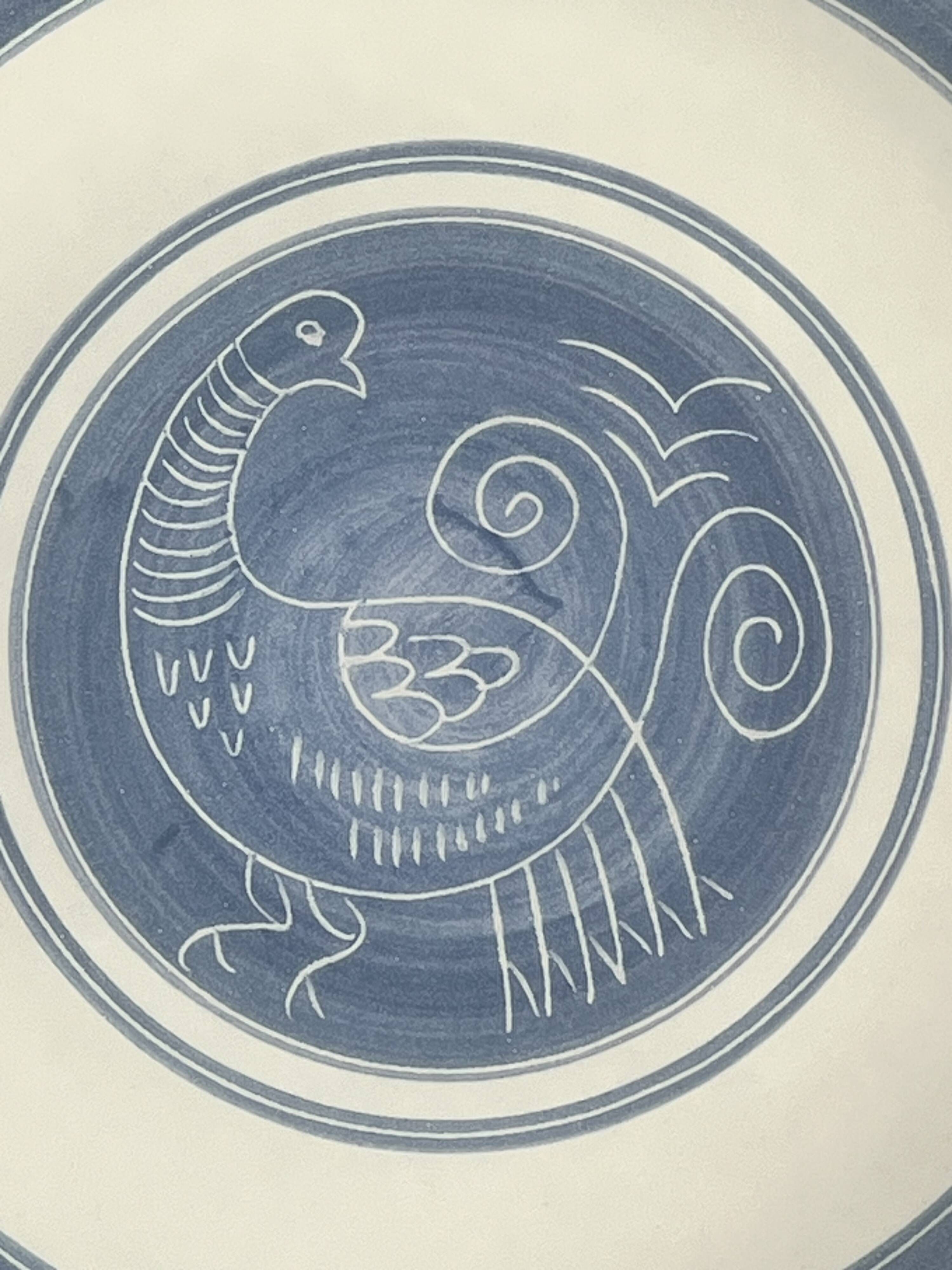 Large plate with the blue bird by Yvon Roy manufacture.