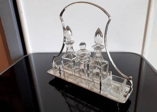 Bouillet goldsmith Bourdelle / Silver-plated metal and glass condiment set