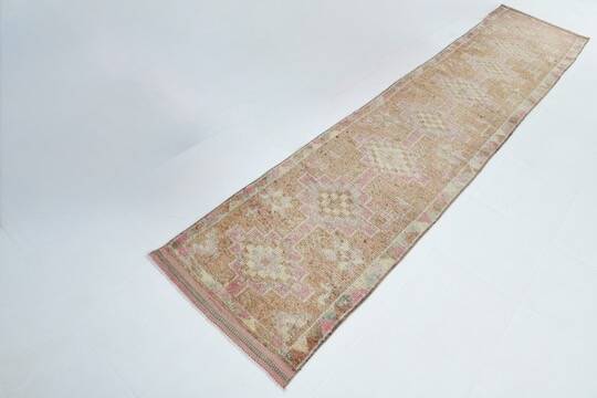 Turkish Pink & Brown Vintage Runner Rug, 78x371Cm