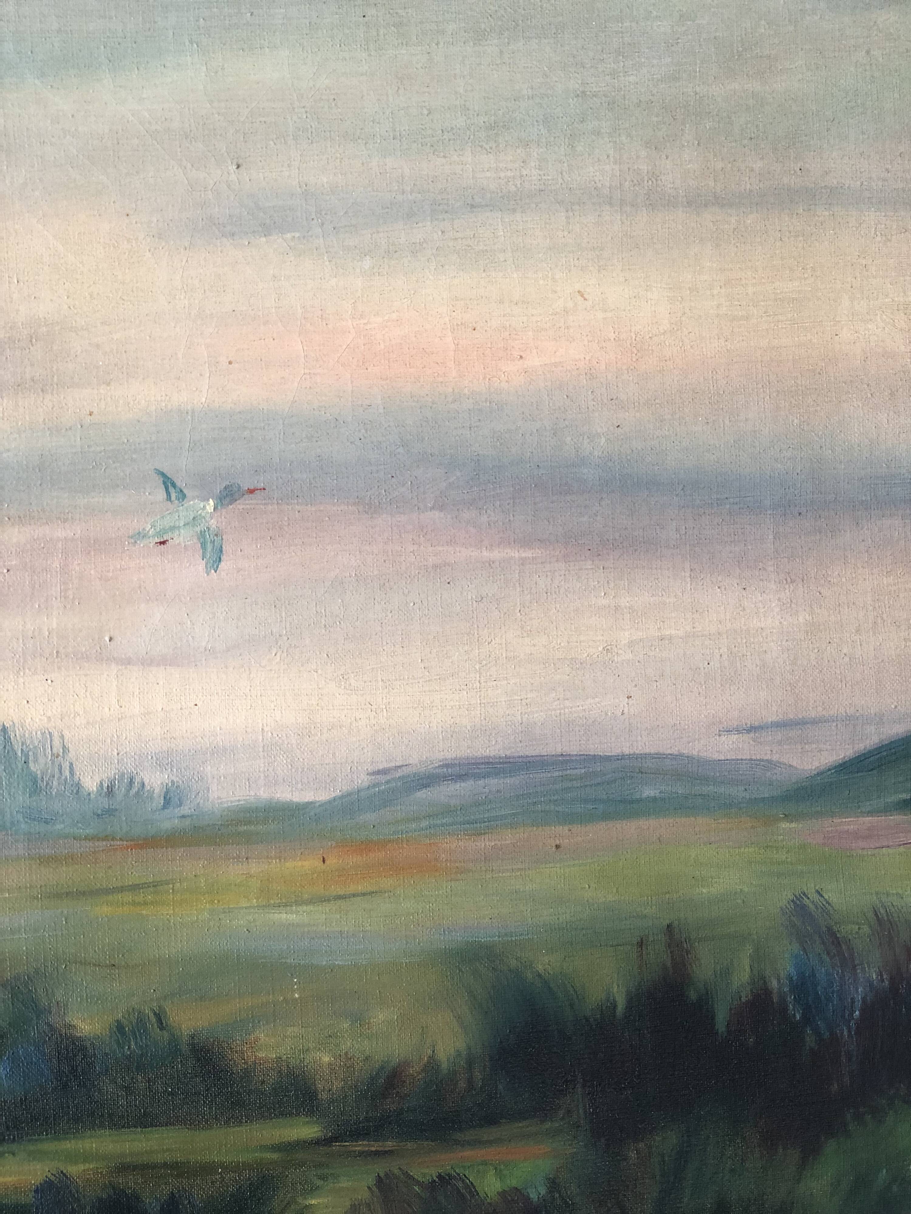 Large Original Vintage River Landscape Oil Painting, circa 1960