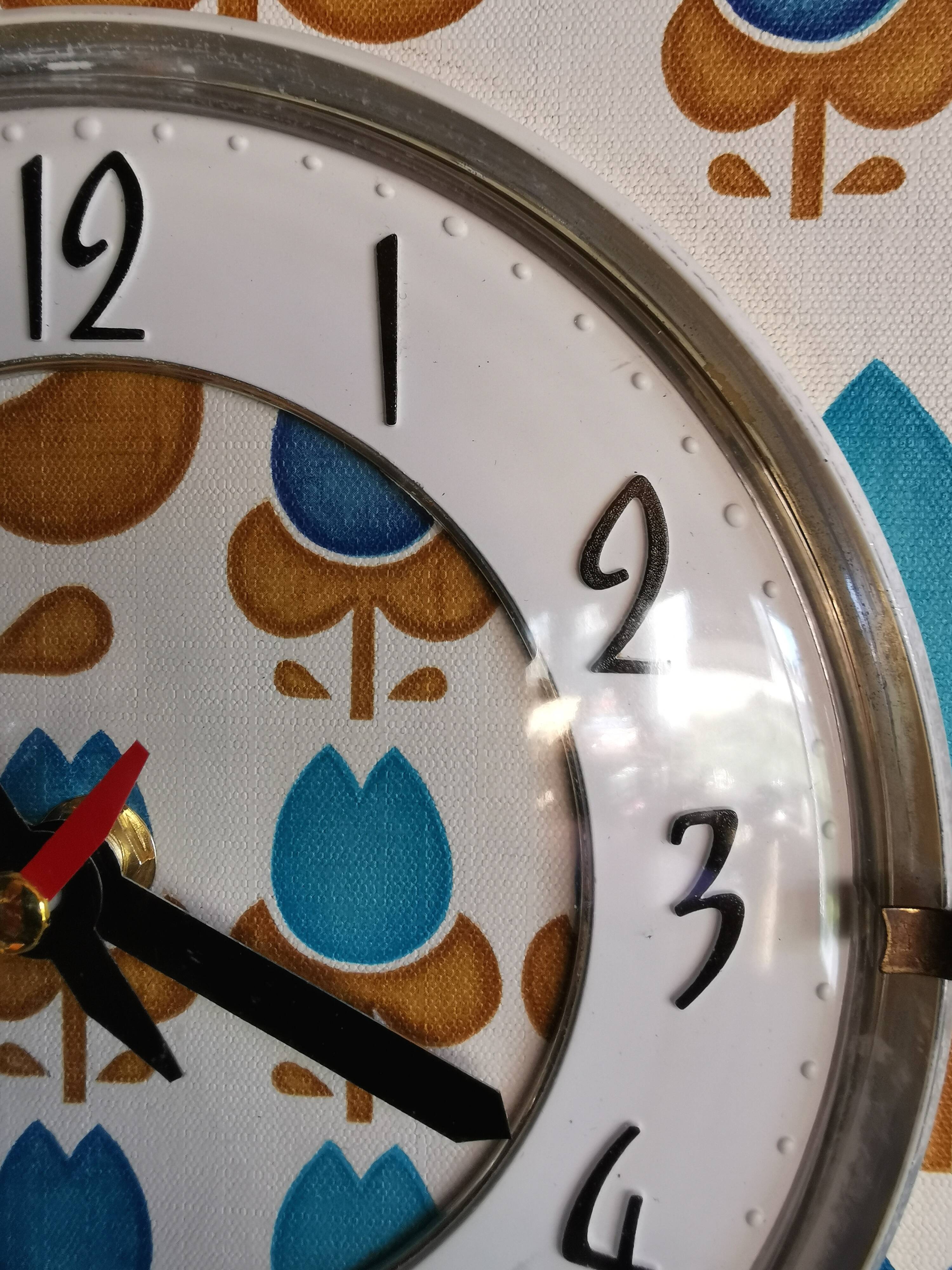 Vintage formica clock silent asymmetrical wall pendulum "Blue flowers"