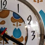 Vintage formica clock silent asymmetrical wall pendulum "Blue flowers"