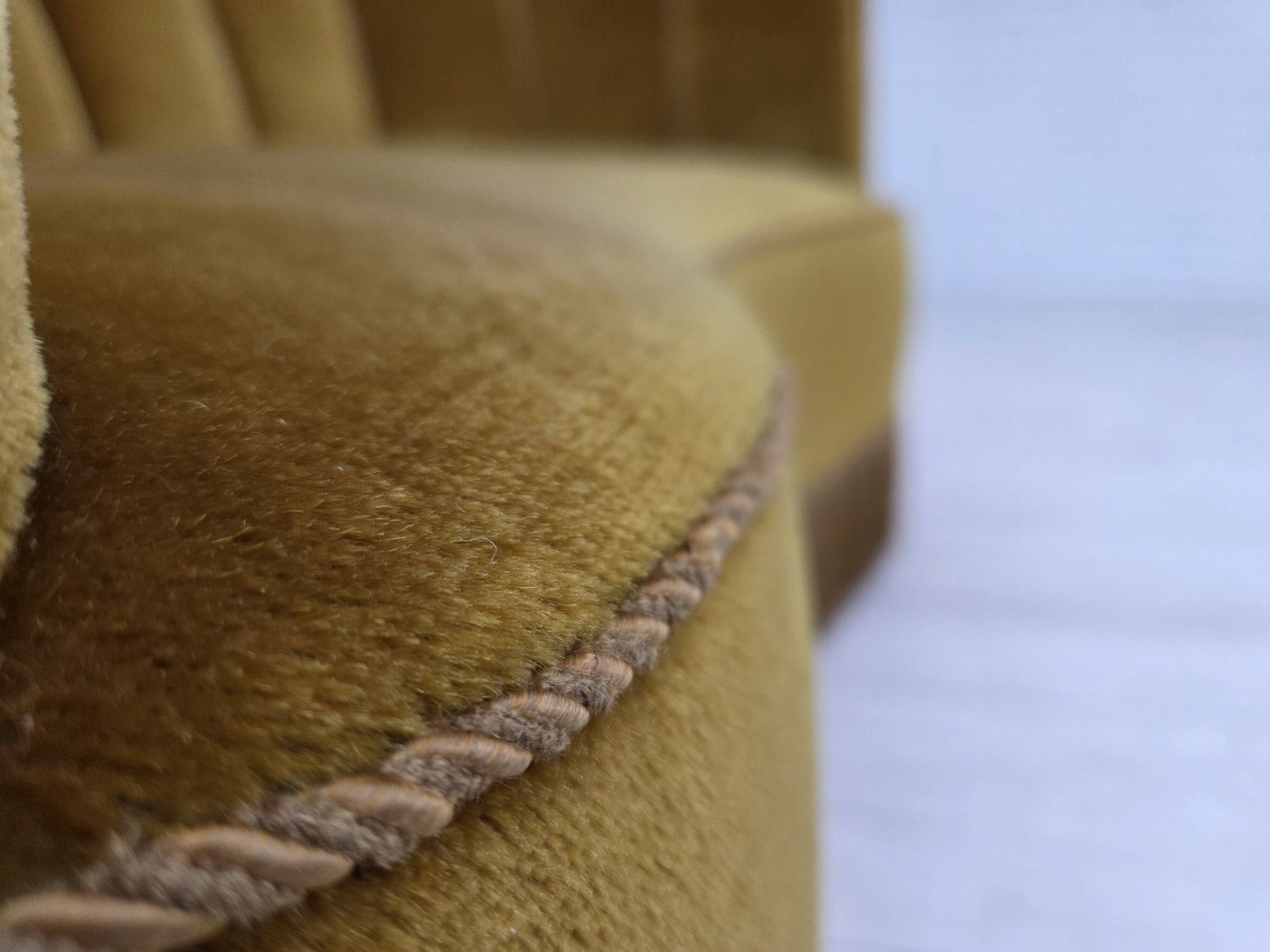 1960s, Danish 2-seater "Banan" sofa, green furniture velour, oak wood.