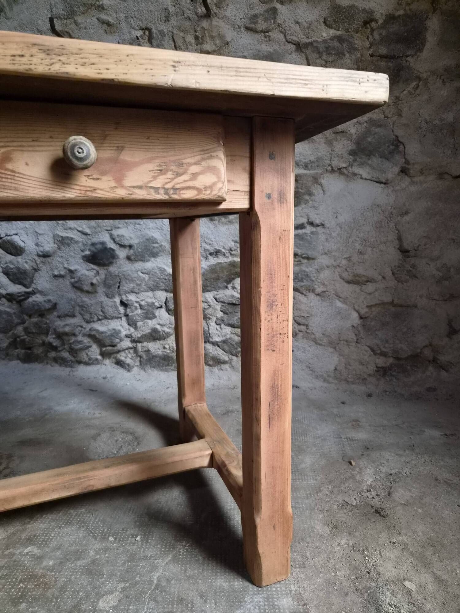 Vintage pine kitchen table or desk with two drawers – 1950s